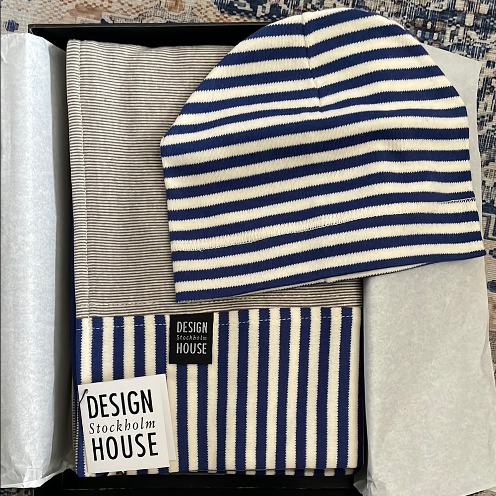 DESIGN HOUSE STOCKHOLM Blue and White Striped Baby Beanie and Blanket Set